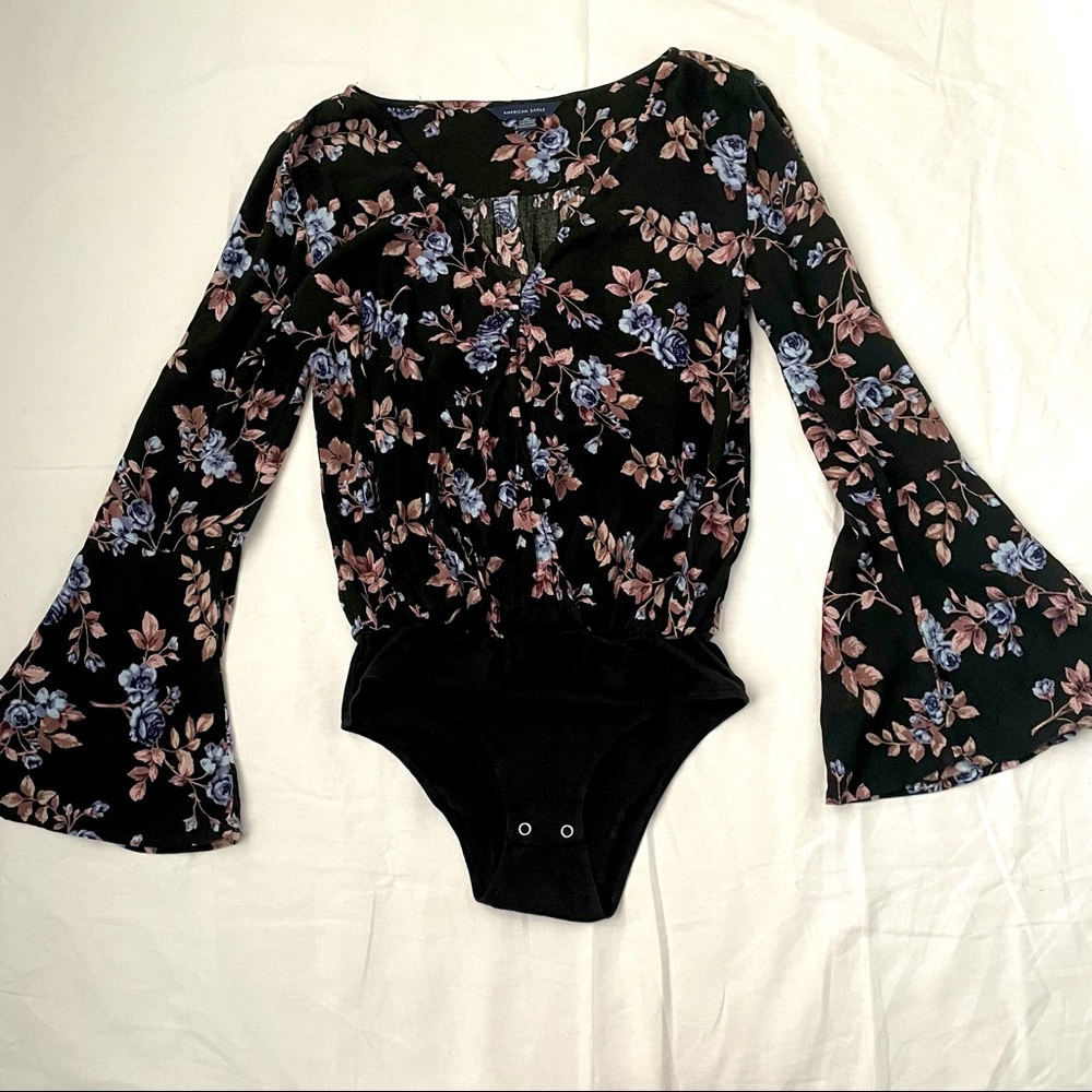 American Eagle Black Floral Bell Sleeve Bodysuit